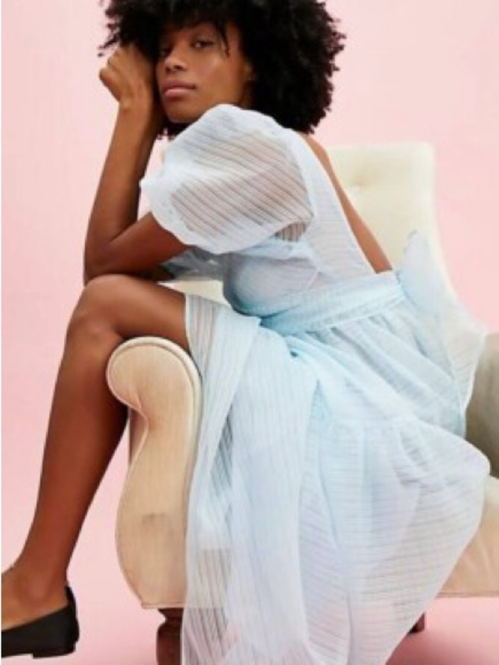 Free people Hailey Dress Light Blue Sheer Puff-Sleeve Midi Dress